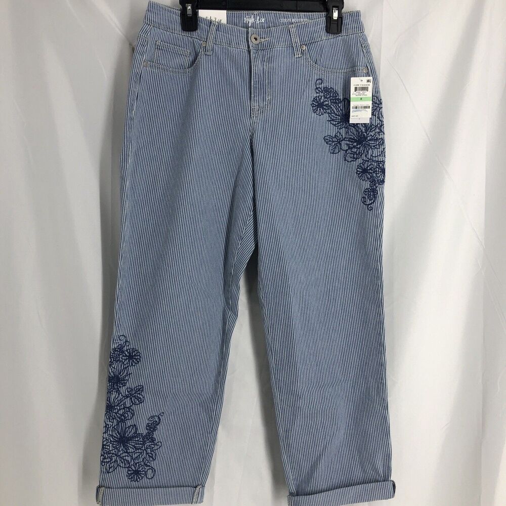 Style & Co Womens Striped Embroidered Curvy-Fit Boyfriend Jeans 8, Sedona Stripe